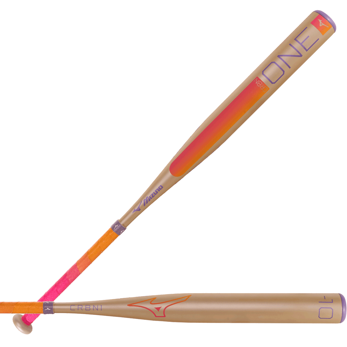 mizuno-340701-f27-crbn1-white-pink-orange-purple-fastpitch-softball-bat-diagonal-and-horizontal-views