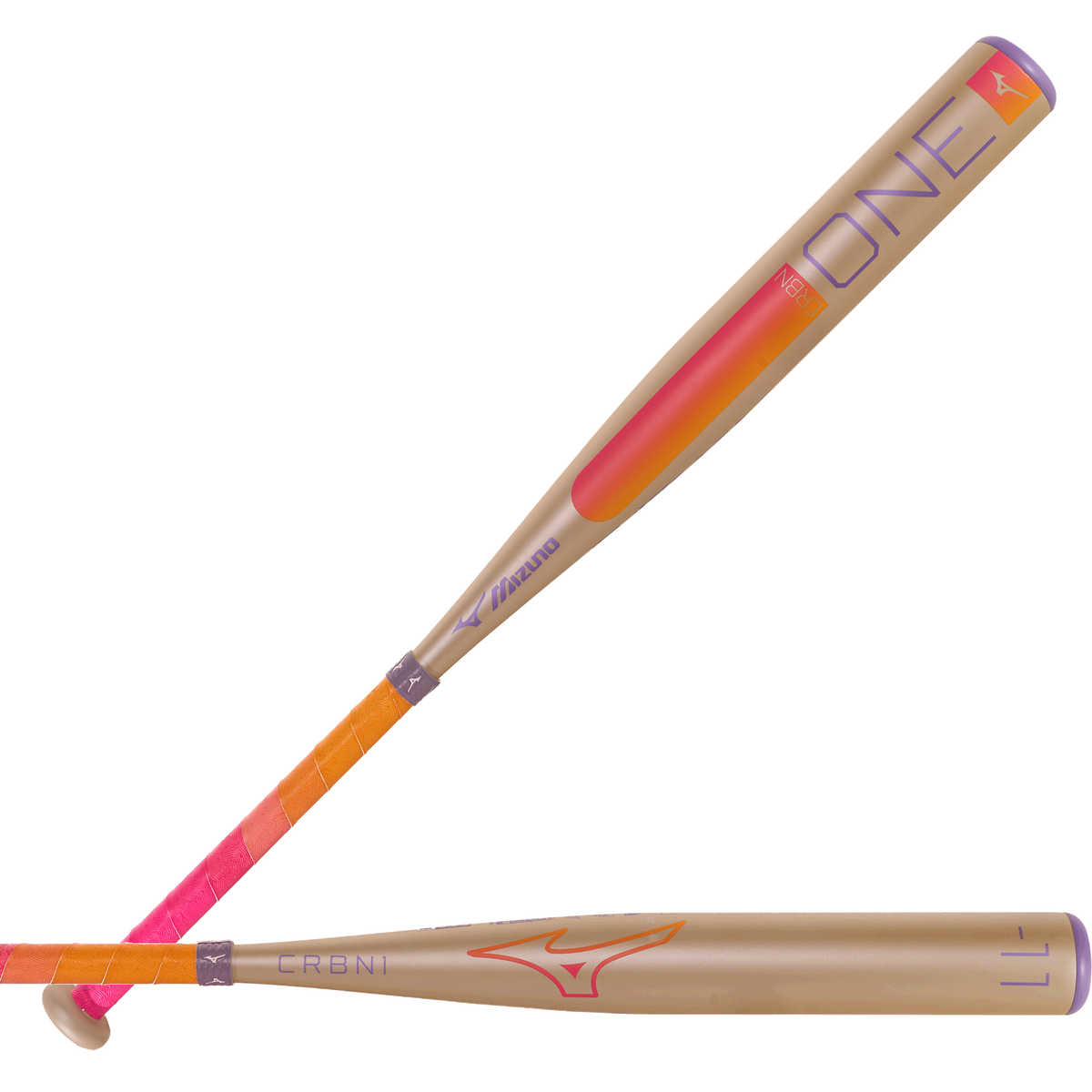 mizuno-340704-f27-crbn1-white-pink-orange-purple-fastpitch-softball-bat-diagonal-and-horizontal-views