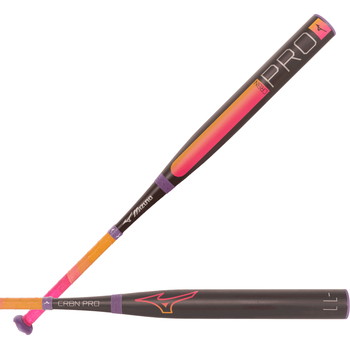 mizuno-crbn-pro-340713-black-pink-orange-purple-fastpitch-softball-bat-angled-view