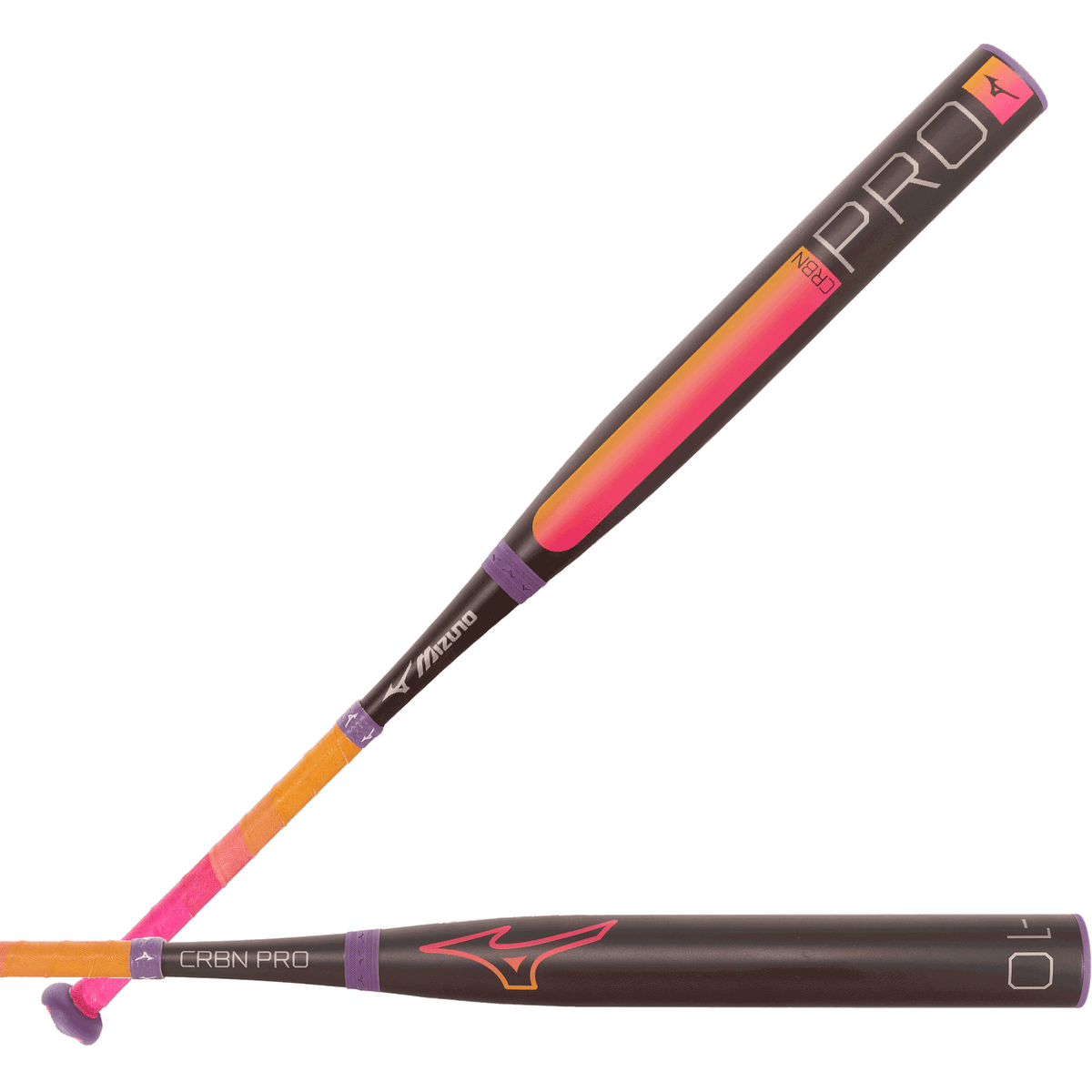 mizuno-340710-crbn-pro-black-pink-orange-purple-fastpitch-softball-bat-horizontal-side-view