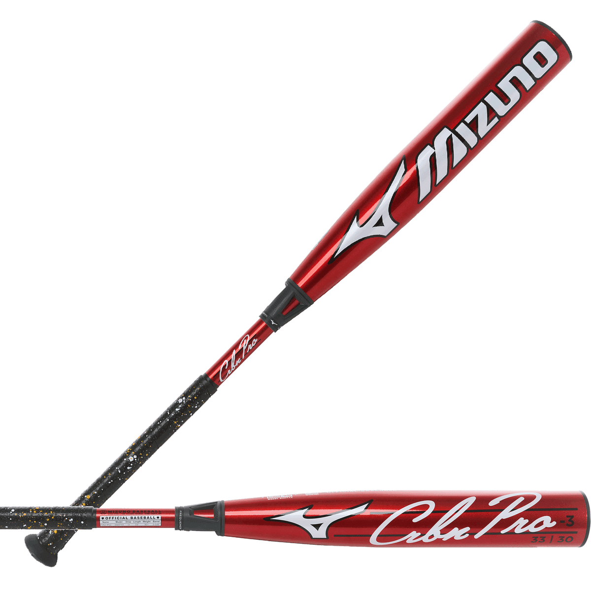 mizuno-340714-red-white-black-crbn-pro-bbcor-baseball-bat-angled-view-with-black-grip-and-end-cap
