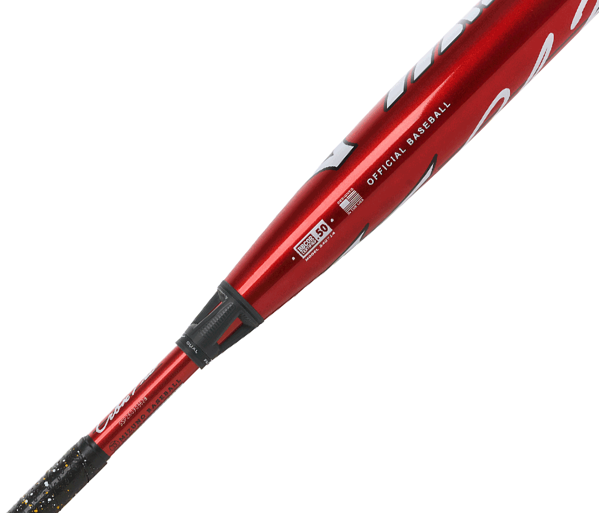 mizuno-340714-red-white-black-crbn-pro-bbcor-baseball-bat-angled-view-with-black-grip-and-end-cap-bbcor-stamp