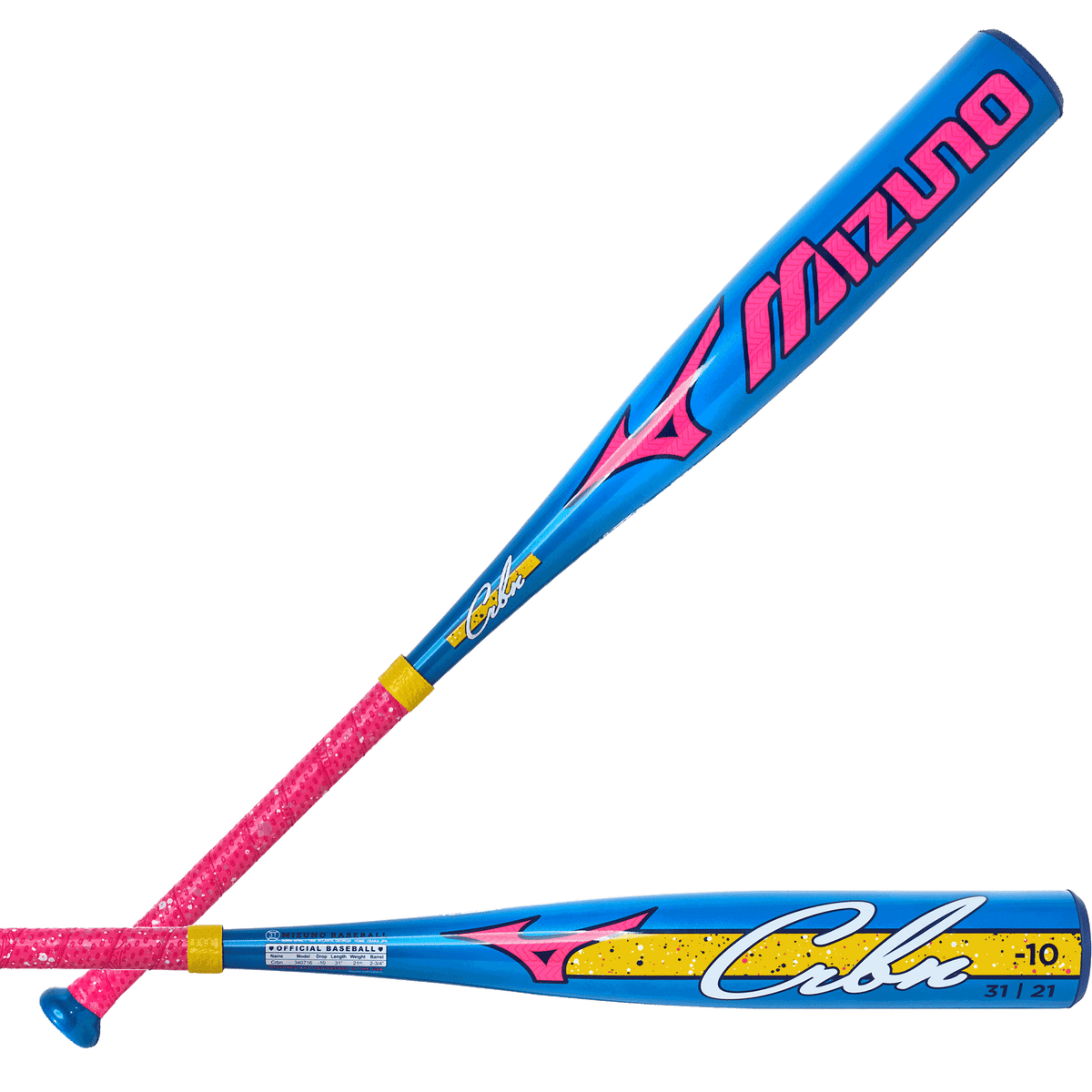 mizuno-b27-crbn-340716-blue-pink-yellow-usssa-baseball-bat-two-angle-product-view