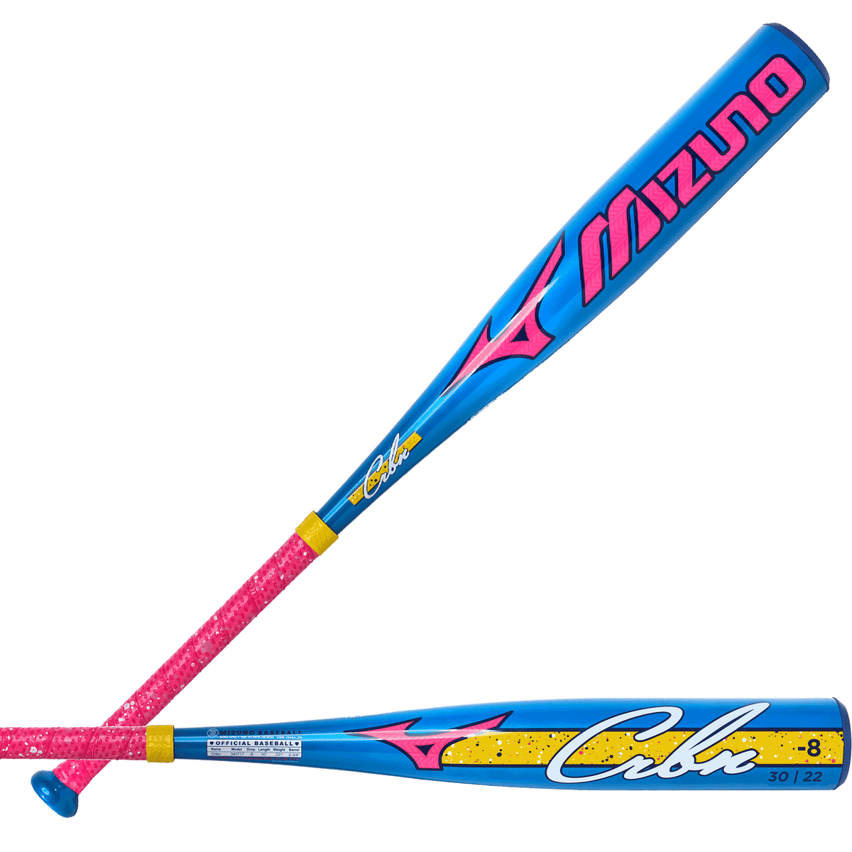 mizuno-b27-crbn-340717-blue-pink-yellow-usssa-baseball-bat-two-angle-product-view