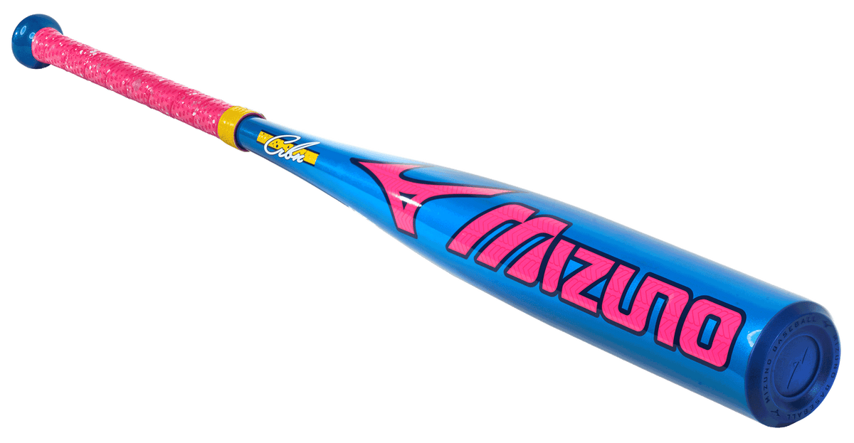 mizuno-b27-crbn-340718-blue-pink-yellow-usssa-baseball-bat-angled-view-with-end-cap