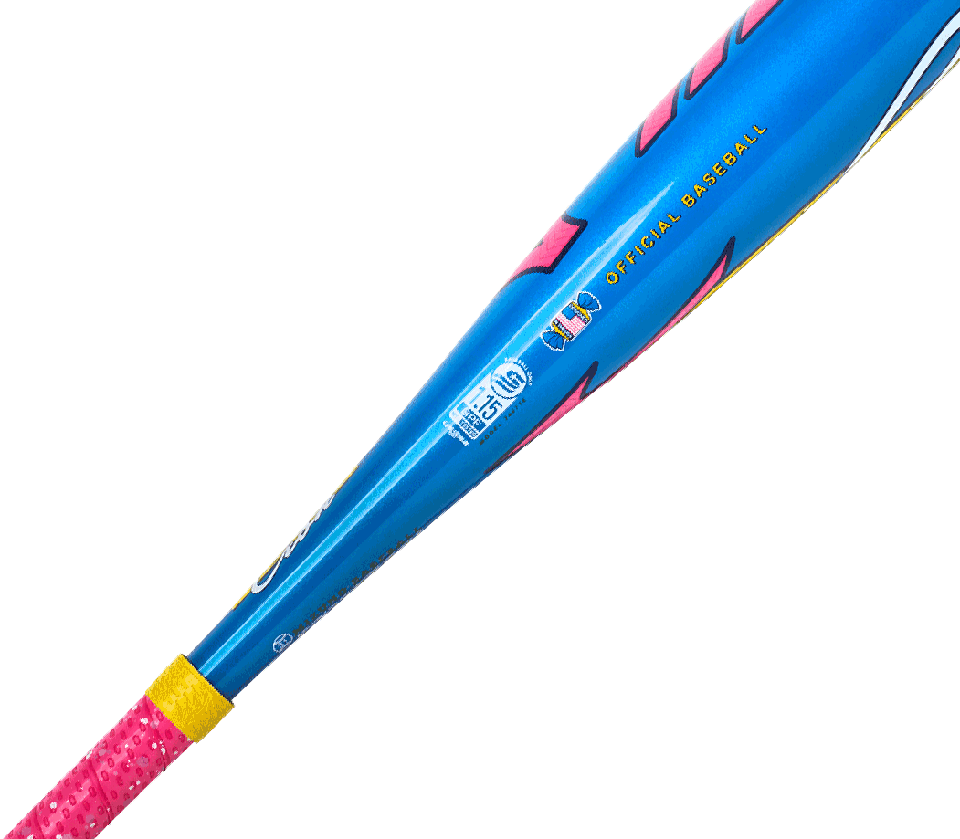 mizuno-b27-crbn-340718-blue-pink-yellow-usssa-baseball-bat-taper-and-certification-mark-close-up
