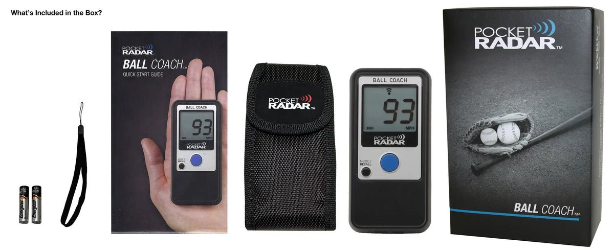 pocket-radar-pr1000-bc-black-silver-blue-ball-coach-radar-gun-front-view-displaying-63-mph-included-items