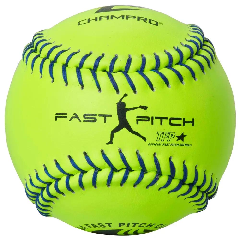 Champro-USSSA-11-Inch-Fastpitch-Softball-CSB41-Optic-Yellow-Blue-Stitch-Leather-Front-View