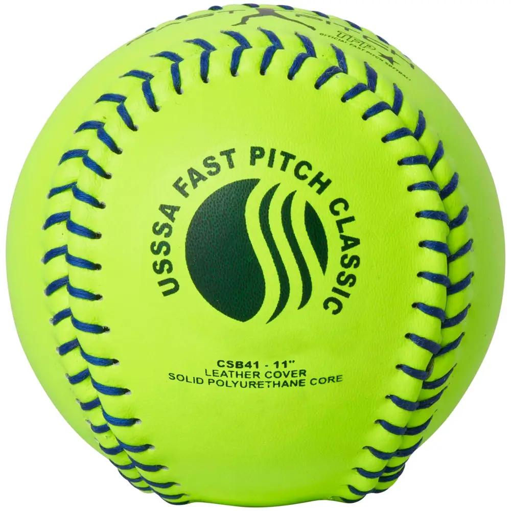 Champro-USSSA-11-Inch-Fastpitch-Softball-CSB41-Optic-Yellow-Blue-Stitch-Leather-Front-View