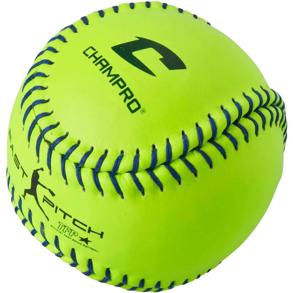 Champro-USSSA-11-Inch-Fastpitch-Softball-CSB41-Optic-Yellow-Blue-Stitch-Leather-Front-View