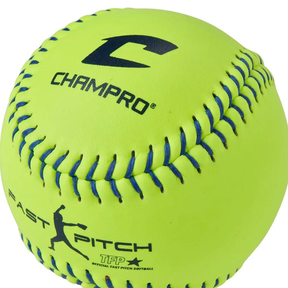 Champro-USSSA-11-Inch-Fastpitch-Softball-CSB41-Optic-Yellow-Blue-Stitch-Leather-Front-View