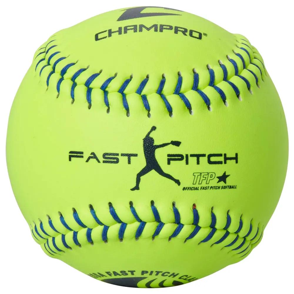 Champro-TFP-47-USSSA-12-Inch-Fastpitch-Softball-CSB42-Optic-Yellow-Leather-Blue-Stitch-Front-View