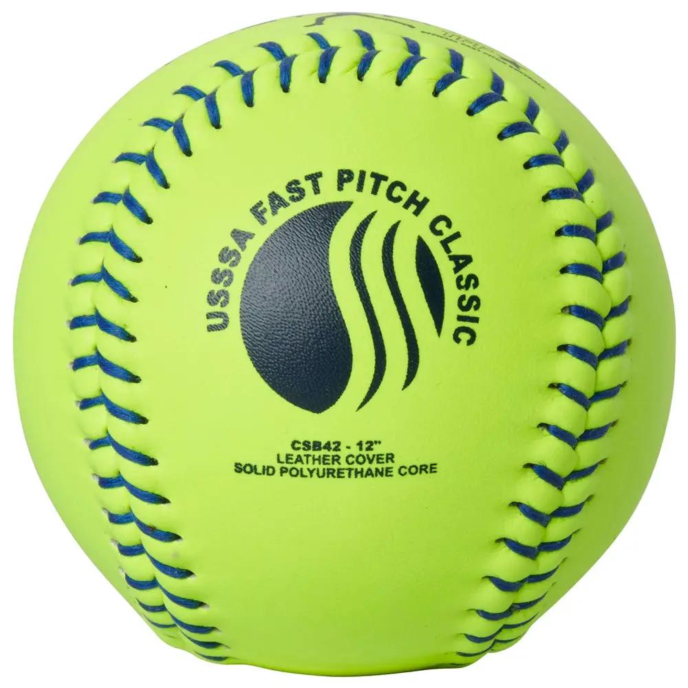 Champro-TFP-47-USSSA-12-Inch-Fastpitch-Softball-CSB42-Optic-Yellow-Leather-Blue-Stitch-Front-View