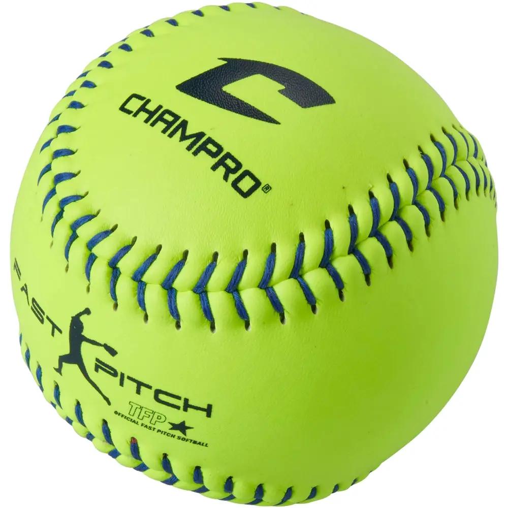 Champro-TFP-47-USSSA-12-Inch-Fastpitch-Softball-CSB42-Optic-Yellow-Leather-Blue-Stitch-Front-View