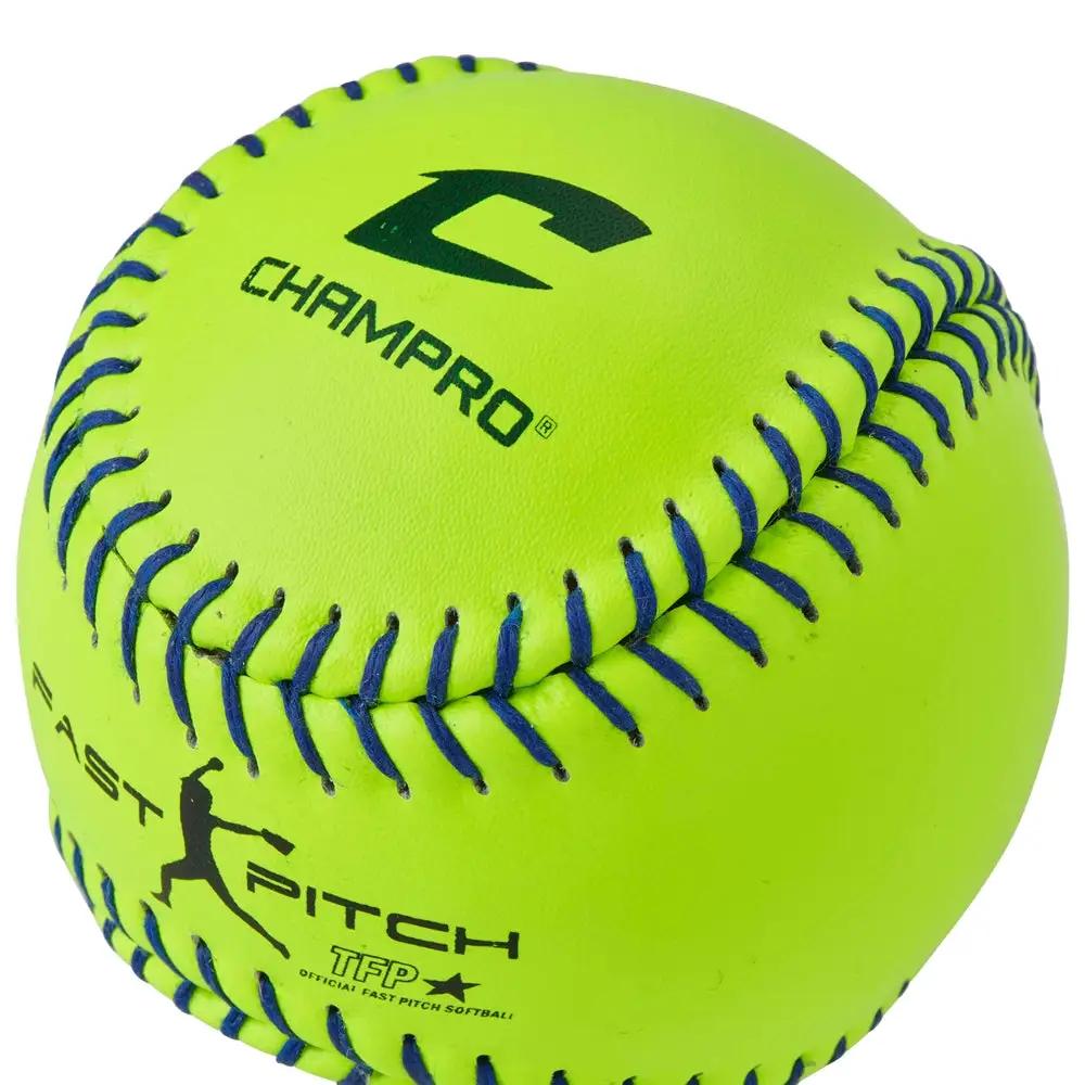 Champro-TFP-47-USSSA-12-Inch-Fastpitch-Softball-CSB42-Optic-Yellow-Leather-Blue-Stitch-Front-View