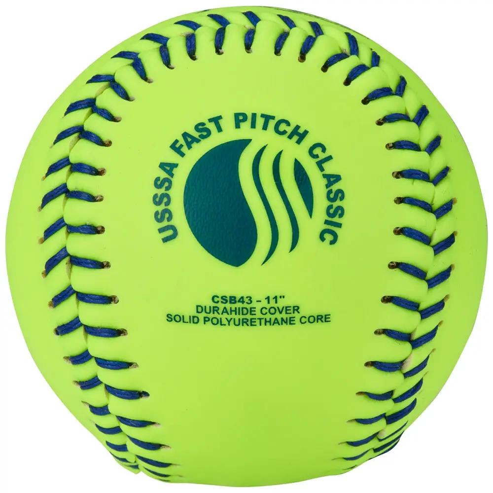 Champro-11-Inch-Durahide-USSSA-Fastpitch-Softball-CSB43-Optic-Yellow-Blue-Stitch-Front-View