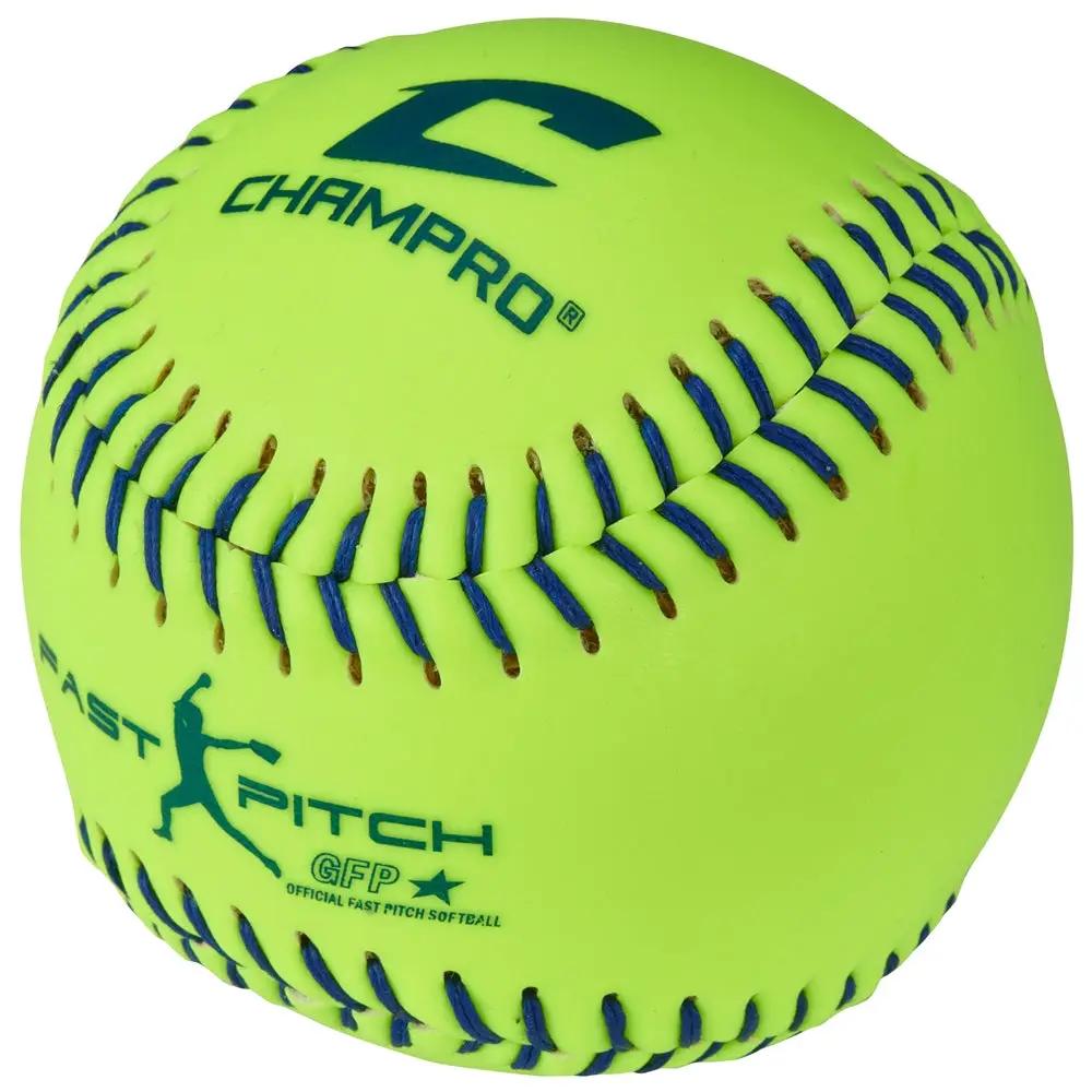 Champro-11-Inch-Durahide-USSSA-Fastpitch-Softball-CSB43-Optic-Yellow-Blue-Stitch-Front-View