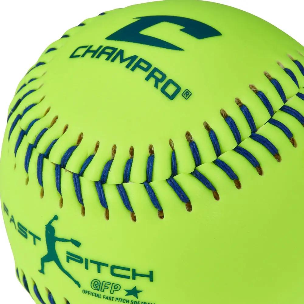 Champro-11-Inch-Durahide-USSSA-Fastpitch-Softball-CSB43-Optic-Yellow-Blue-Stitch-Front-View