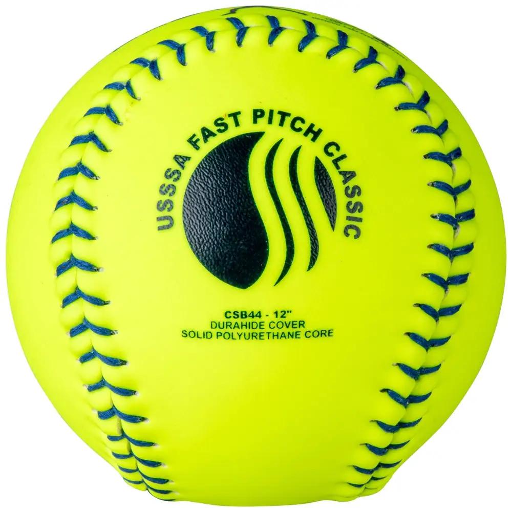 Champro-12-Inch-Durahide-USSSA-Fastpitch-Softball-CSB44-Optic-Yellow-Blue-Stitch-Front-View