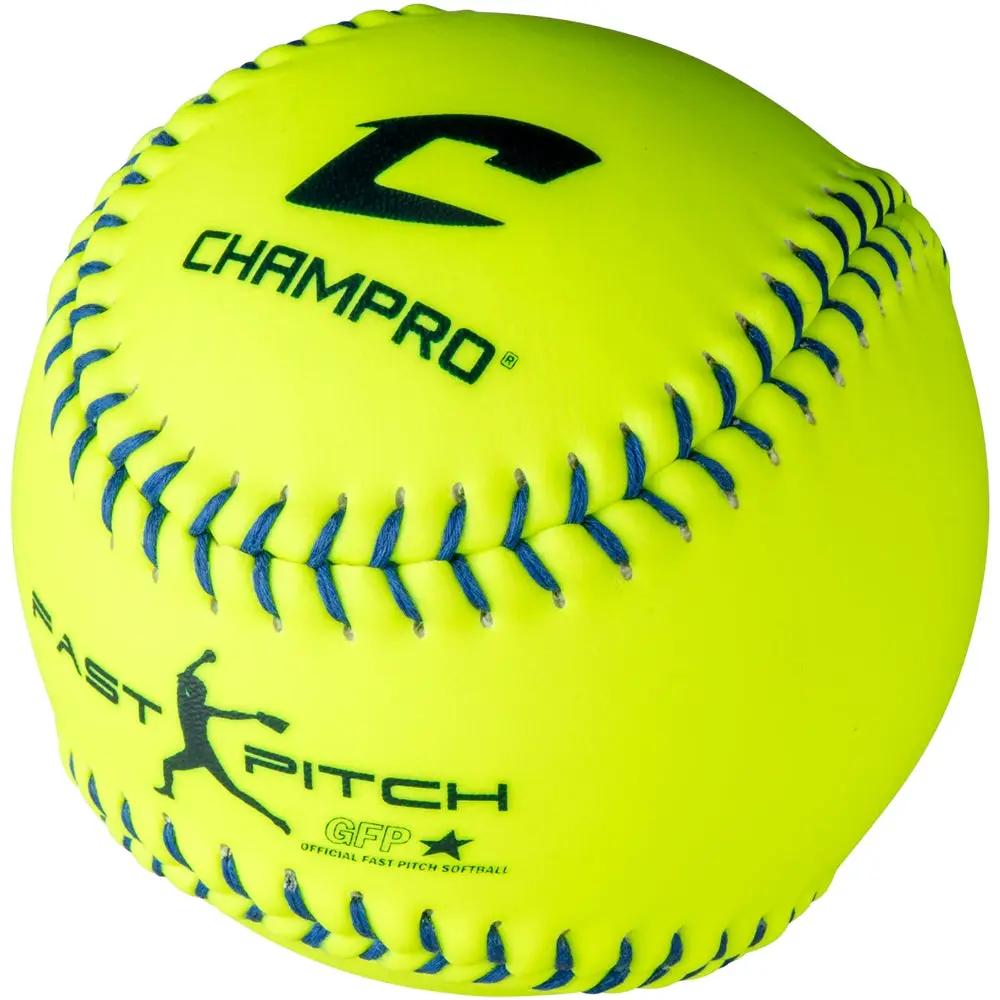 Champro-12-Inch-Durahide-USSSA-Fastpitch-Softball-CSB44-Optic-Yellow-Blue-Stitch-Front-View