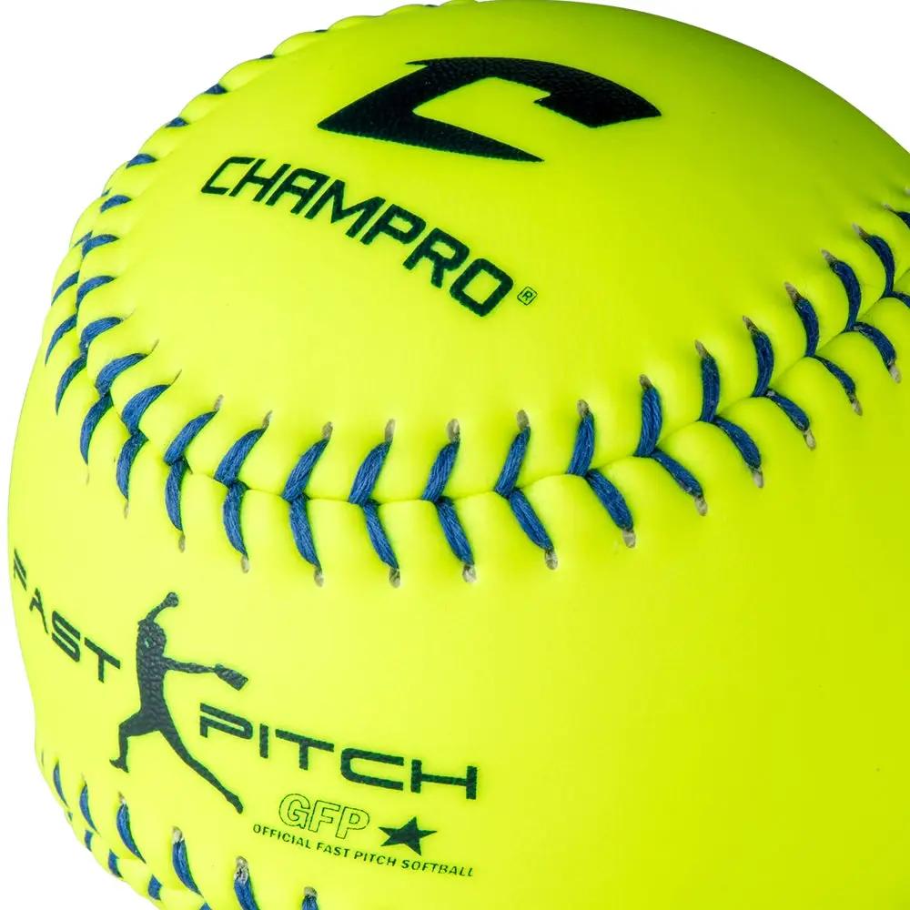Champro-12-Inch-Durahide-USSSA-Fastpitch-Softball-CSB44-Optic-Yellow-Blue-Stitch-Front-View