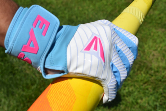 Easton Walk-Off Ethos Pool Party Baseball/Softball Batting Gloves with full-grain leather palm, ergonomic neoprene cuff, and summer-themed design.