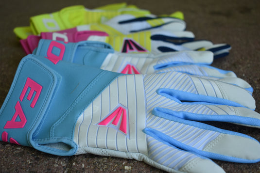 Easton Walk-Off Ethos Pool Party Baseball/Softball Batting Gloves with full-grain leather palm, ergonomic neoprene cuff, and summer-themed design.