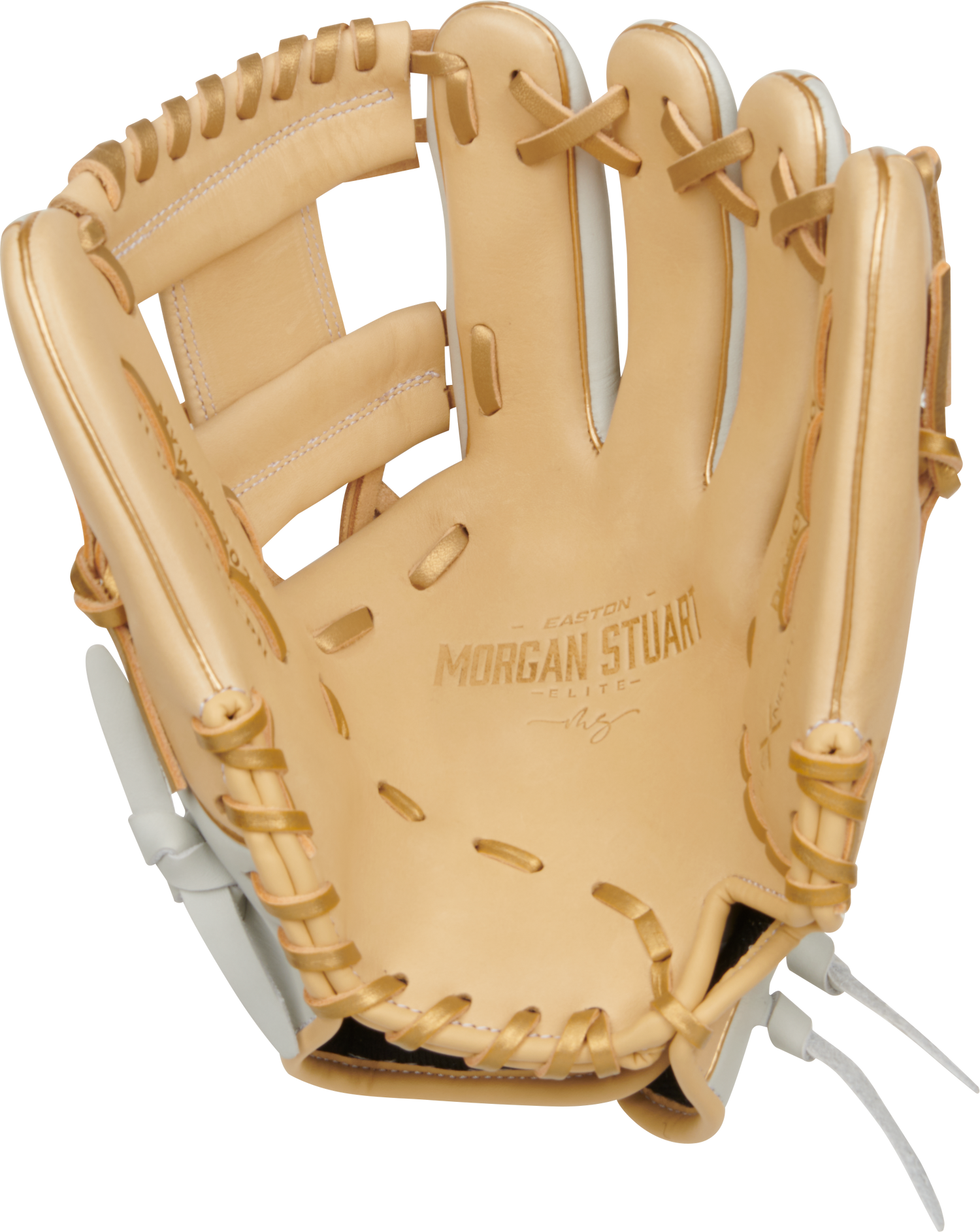 Easton-Elite-Series-EMYWHY-2023-Morgan-Stuart-11-5-Inch-White-Camel-Gold-Pro-I-Web-Fastpitch-Softball-Infield-Glove-Front-Back-View