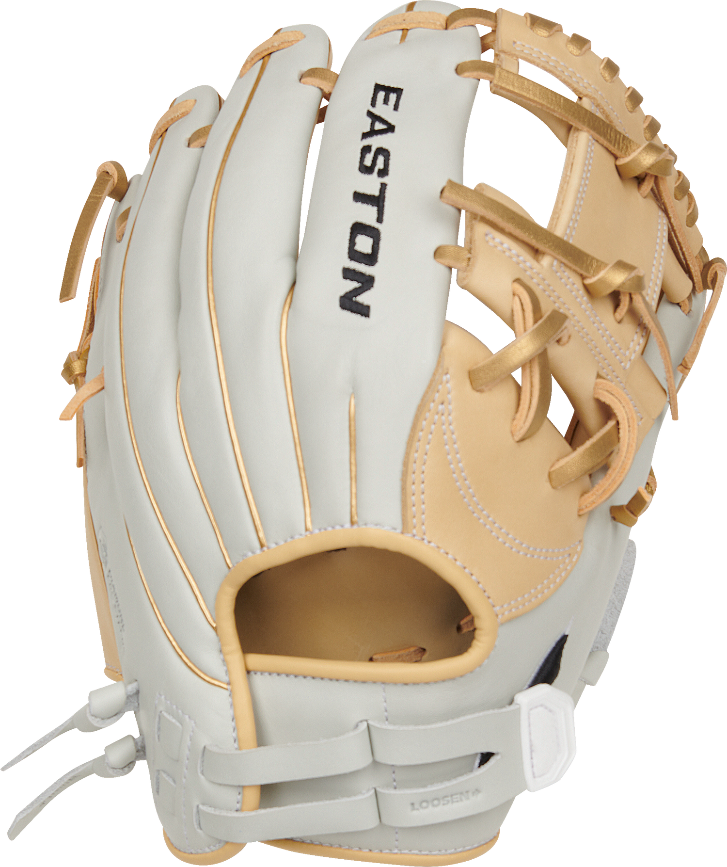 Easton-Elite-Series-EMYWHY-2023-Morgan-Stuart-11-5-Inch-White-Camel-Gold-Pro-I-Web-Fastpitch-Softball-Infield-Glove-Front-Back-View
