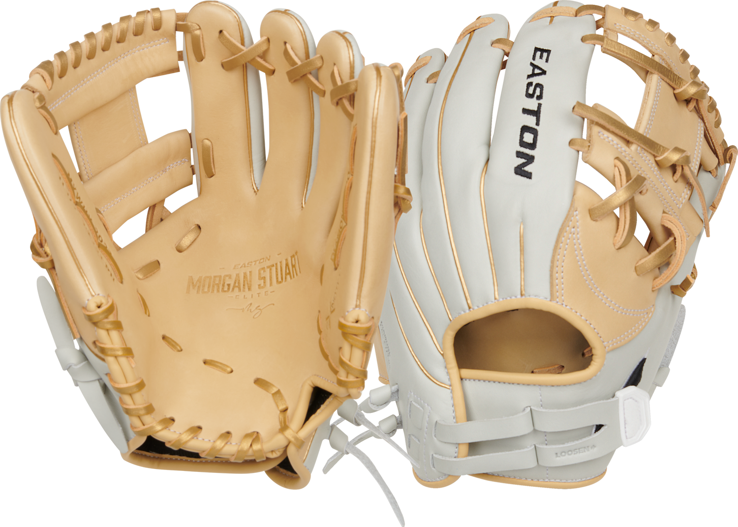 Easton-Elite-Series-EMYWHY-2023-Morgan-Stuart-11-5-Inch-White-Camel-Gold-Pro-I-Web-Fastpitch-Softball-Infield-Glove-Front-Back-View