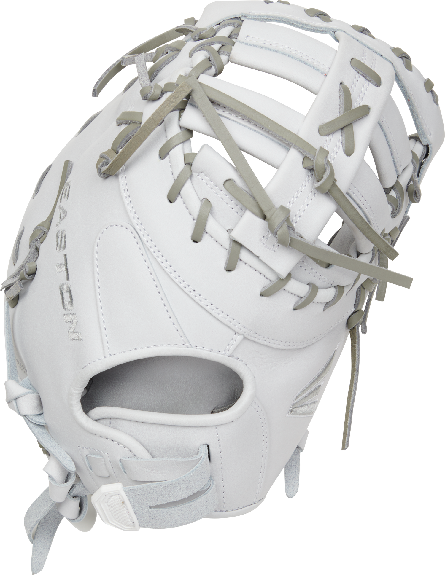 Easton-Pro-Collection-EPCFP13-10W-13-Inch-White-Gray-Dual-Bar-Single-Post-Fastpitch-Softball-First-Base-Mitt-Front-Back-View