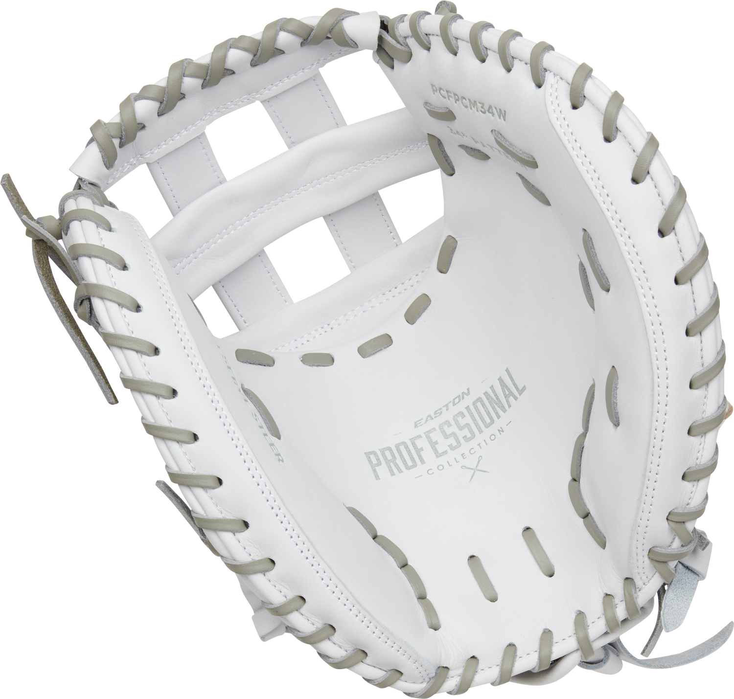 Easton-Pro-Collection-EPCFPCM34W-34-Inch-White-Gray-Modified-H-Web-Fastpitch-Softball-Catchers-Mitt-Front-Back-View