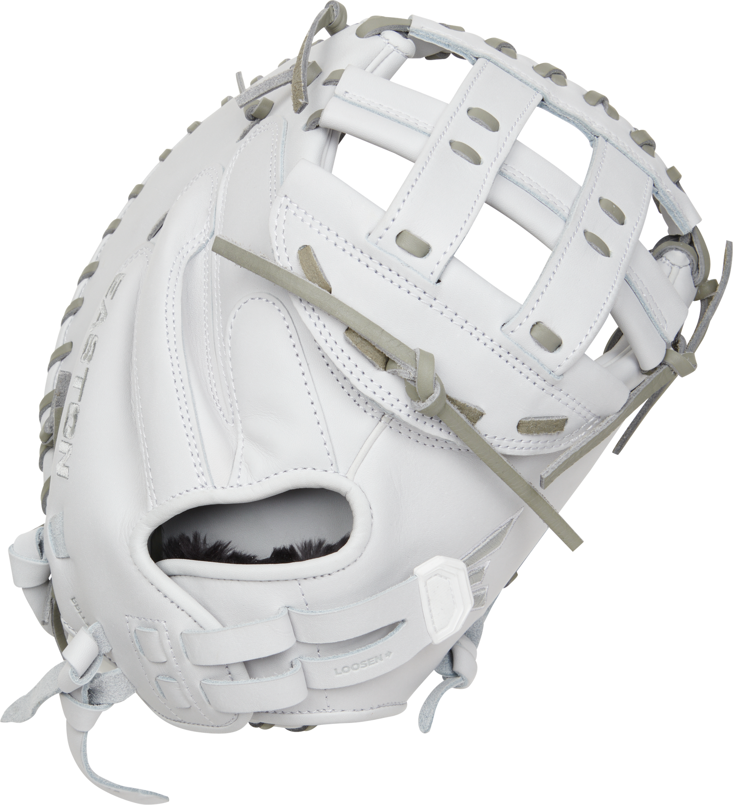 Easton-Pro-Collection-EPCFPCM34W-34-Inch-White-Gray-Modified-H-Web-Fastpitch-Softball-Catchers-Mitt-Front-Back-View