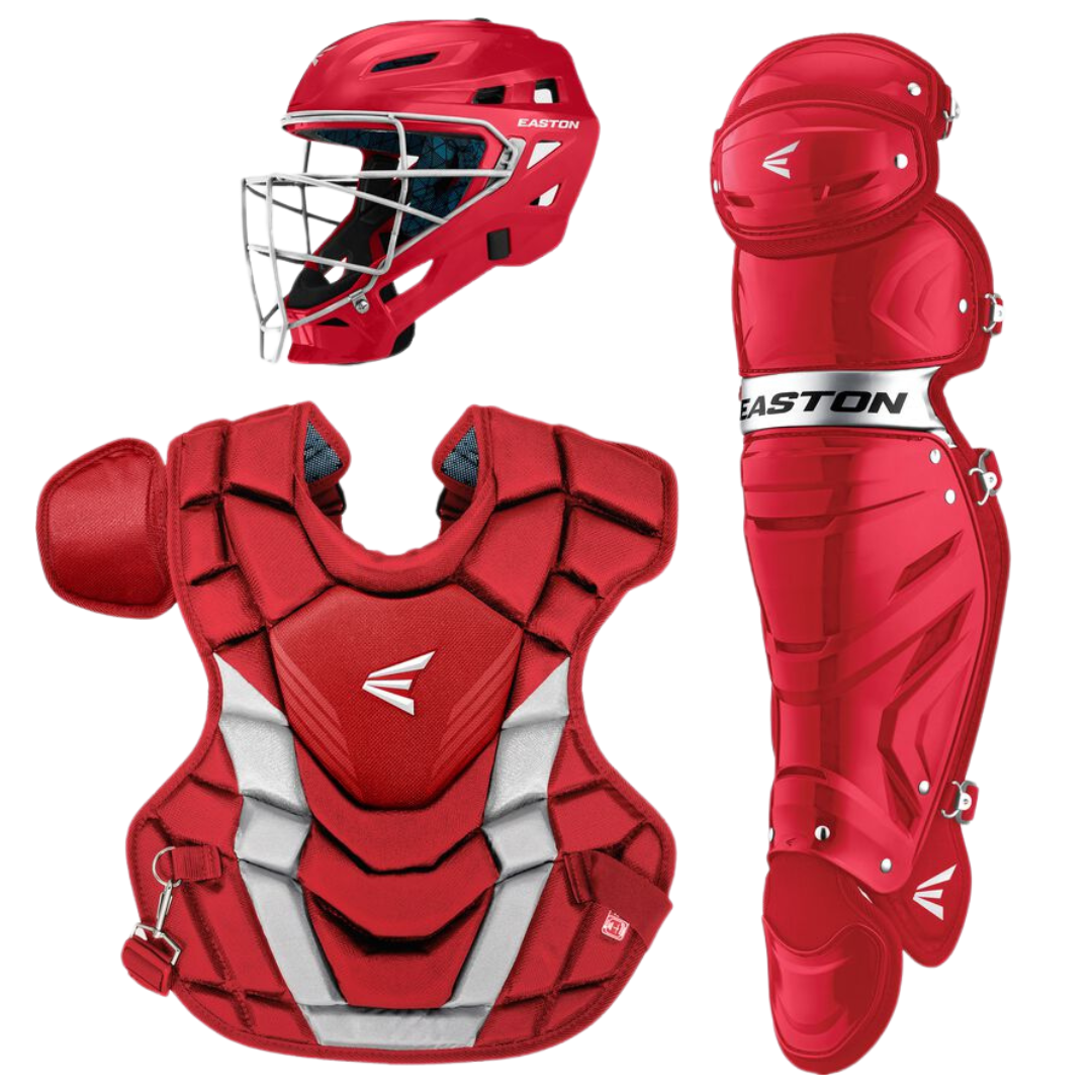 Easton-Gametime-GMETMEKITI-Intermediate-Catchers-Box-Set-Helmet-Chest-Protector-Leg-Guards-Red-Front-View