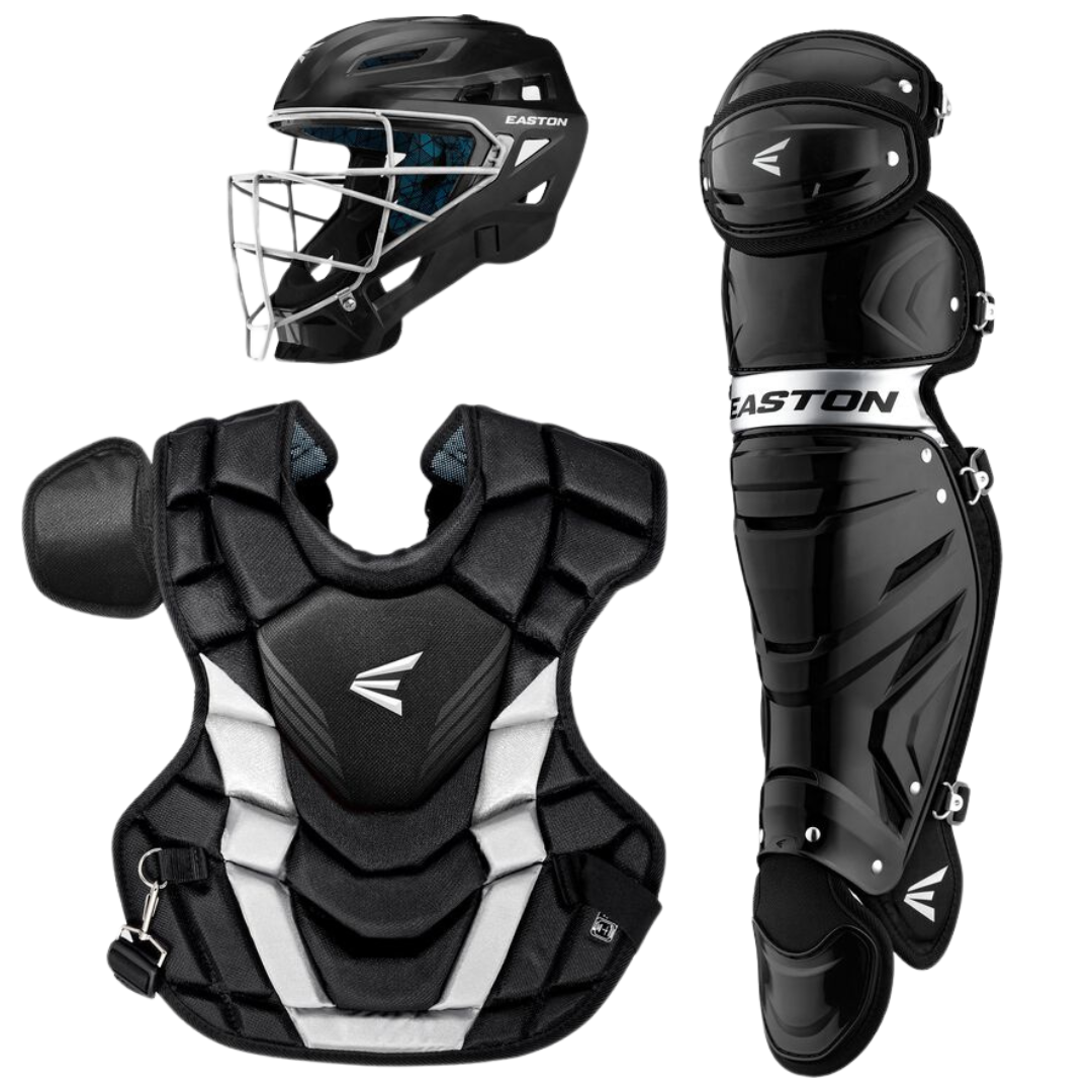 Easton-Gametime-GMETMEKITI-Intermediate-Catchers-Box-Set-Helmet-Chest-Protector-Leg-Guards-Black-Front-View