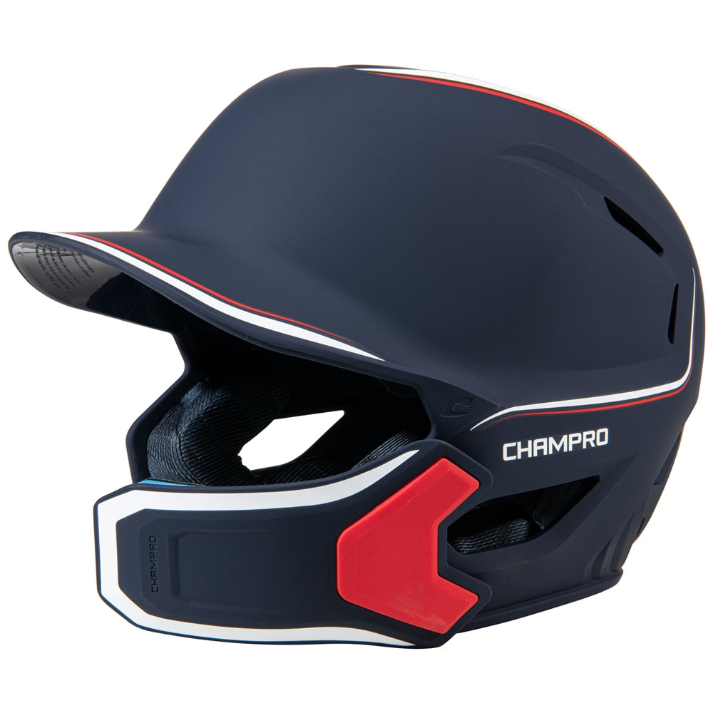 Champro-HXE-Matte-Medium-Baseball-Helmet-Jaw-Guard-HXEM2JG-Navy-White-Scarlet-Front-View