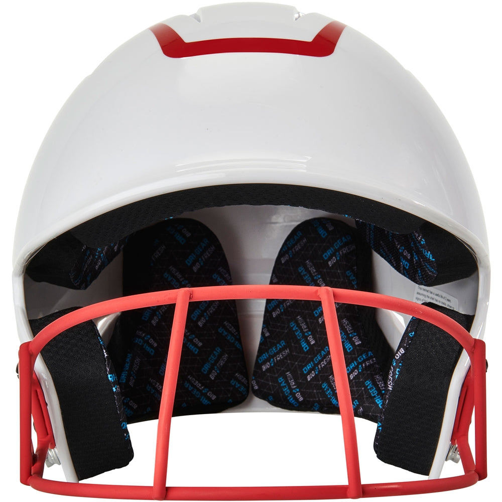 Champro-HX-Rise-Pro-Fastpitch-Junior-Batting-Helmet-Facemask-HXFPG2-White-Scarlet-Front-View