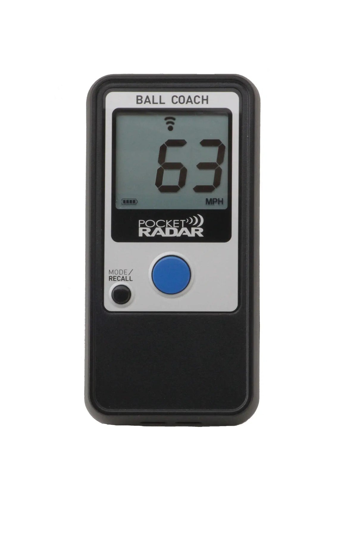 pocket-radar-pr1000-bc-black-silver-blue-ball-coach-radar-gun-front-view-displaying-63-mph