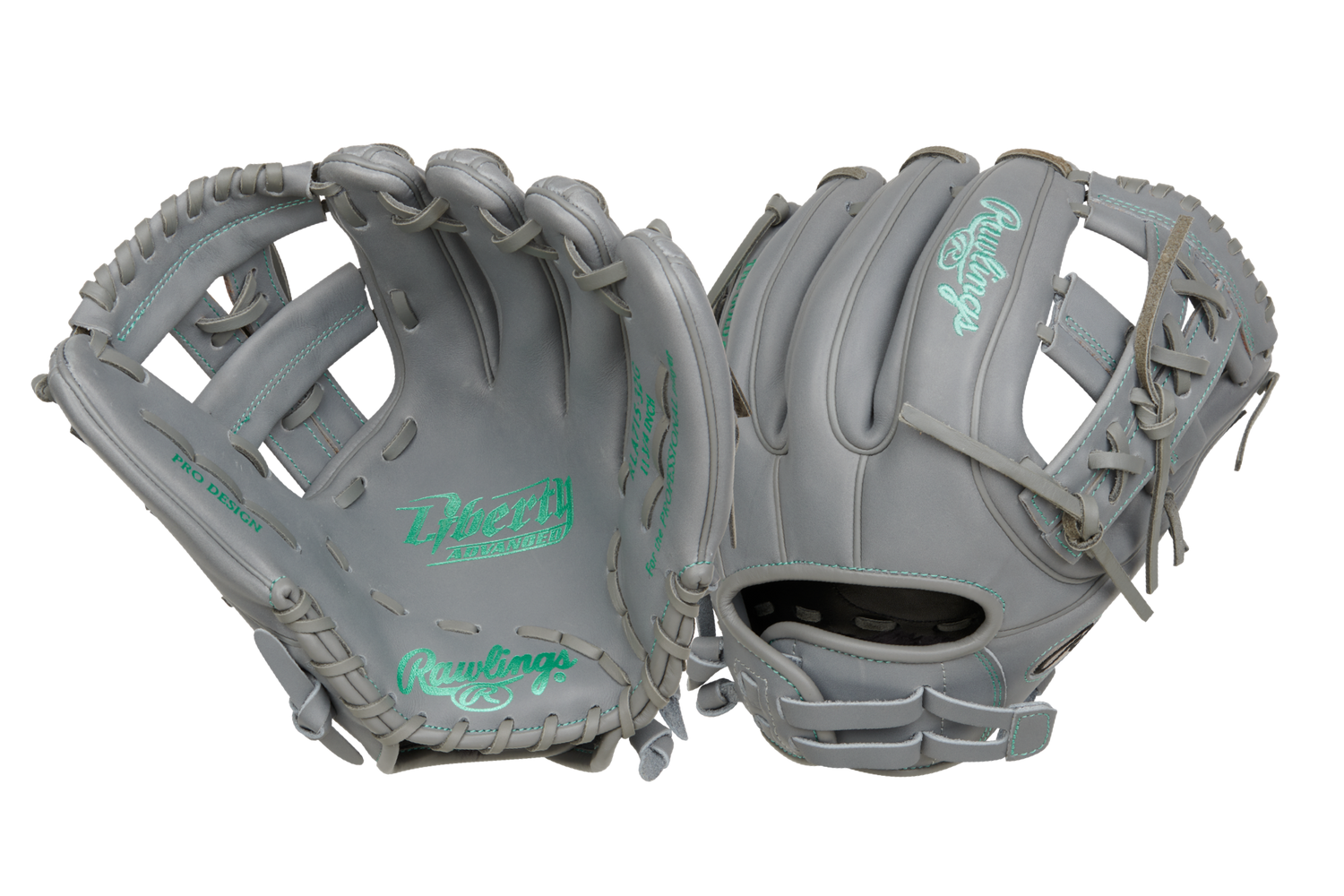 Rawlings-Liberty-Advanced-RRLA715-32G-11-75-Inch-Gray-Mint-Green-Split-Single-Post-Fastpitch-Softball-Infield-Glove-Front-Back-View