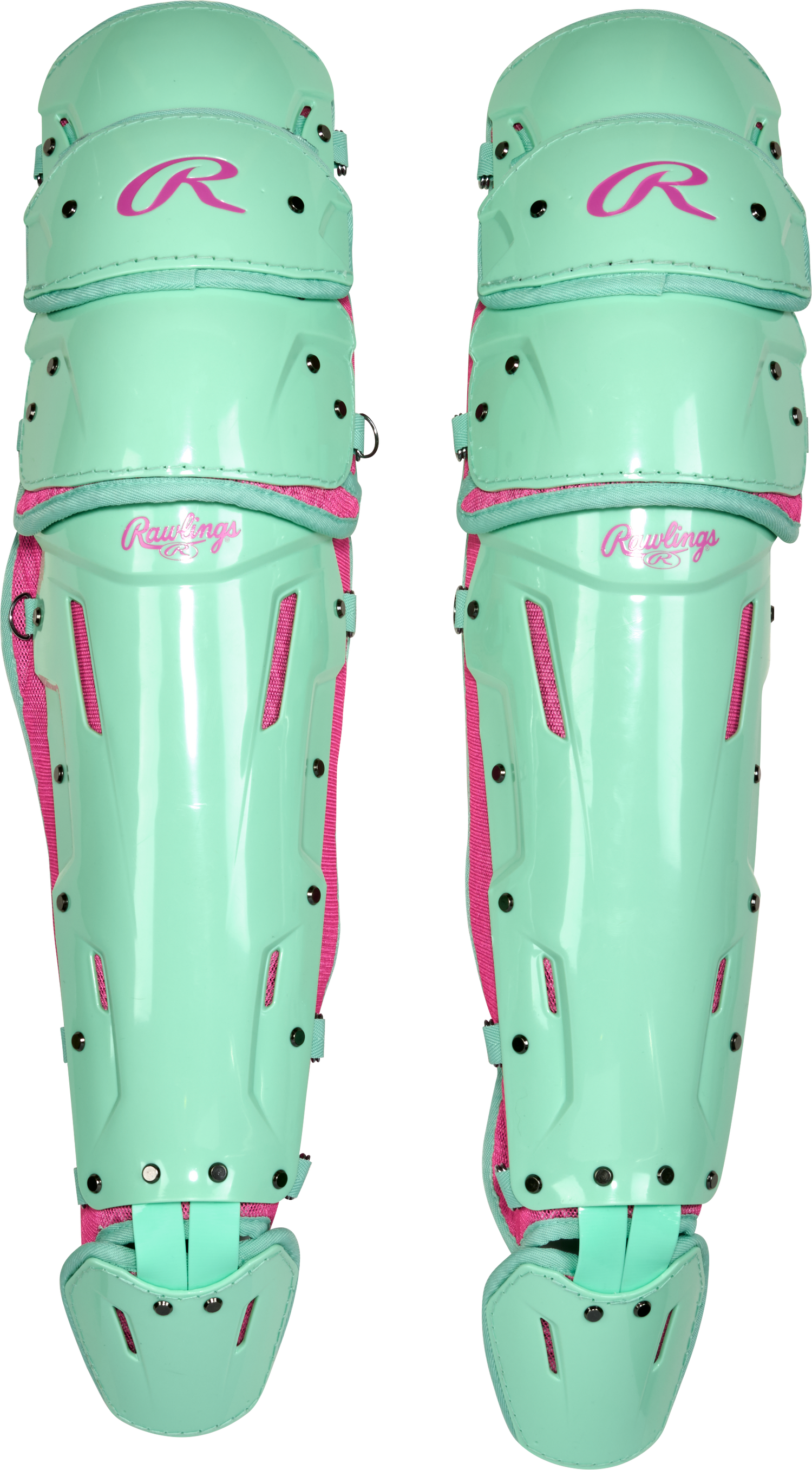 Rawlings-Mach-Pro-LGMCHPROL-Large-Catchers-Leg-Guards-Mint-Pink-Front-View
