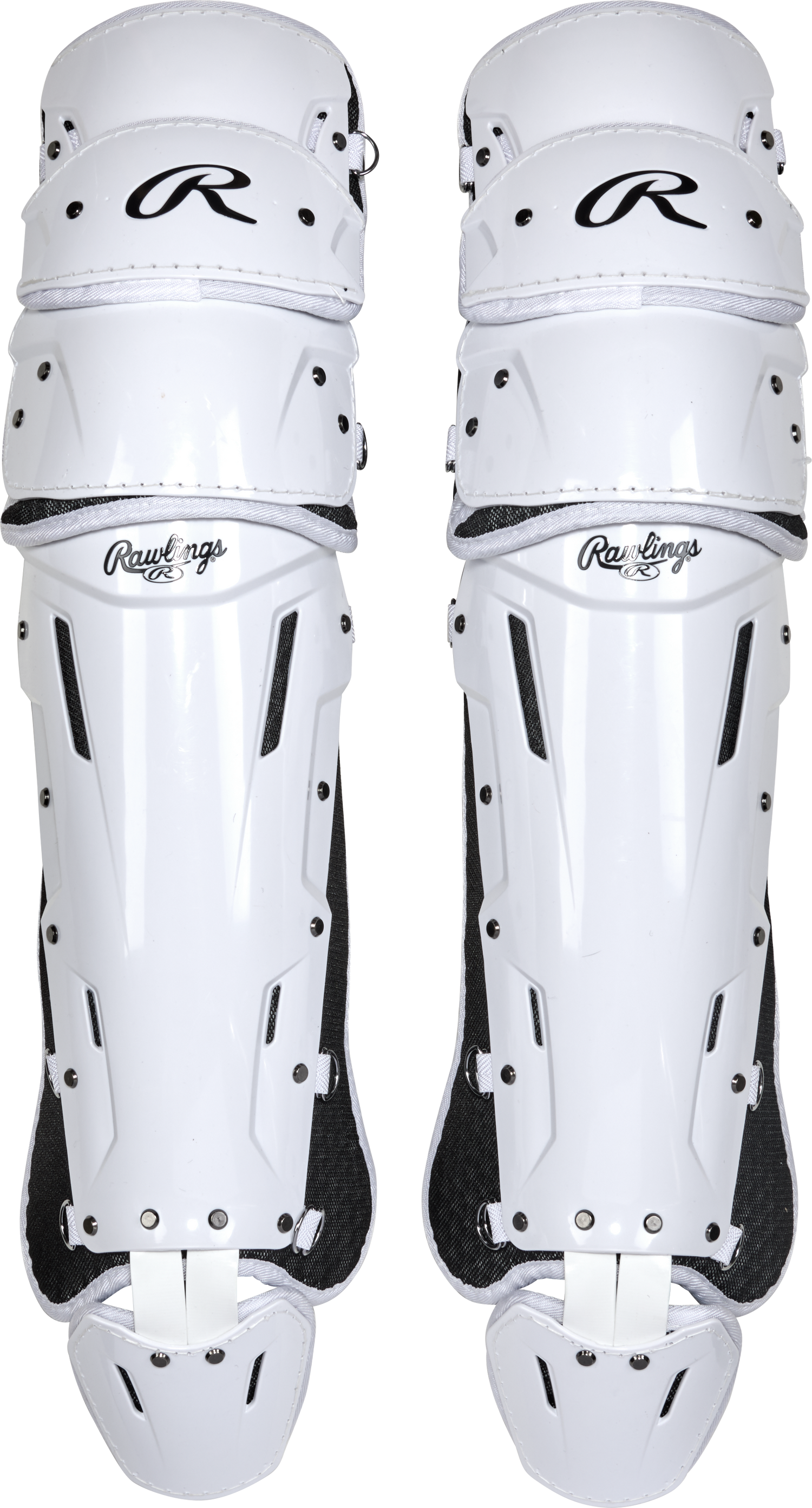 Rawlings-Mach-Pro-LGMCHPROL-Large-Catchers-Leg-Guards-White-Black-Front-View
