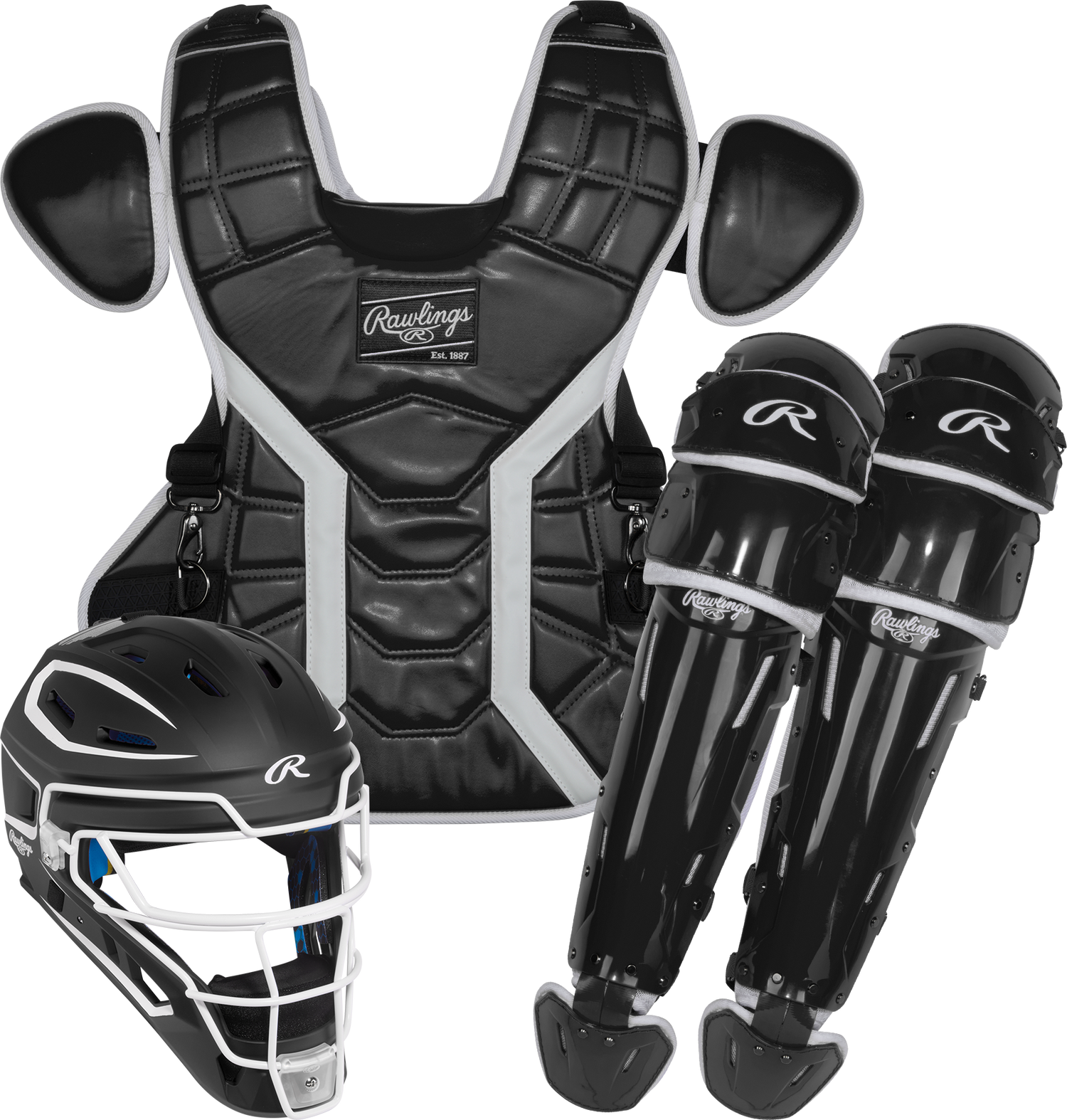 Rawlings-Mach-Pro-MCHPROCSM-Medium-Catchers-Set-Helmet-Chest-Protector-Leg-Guards-Black-White-Front-View