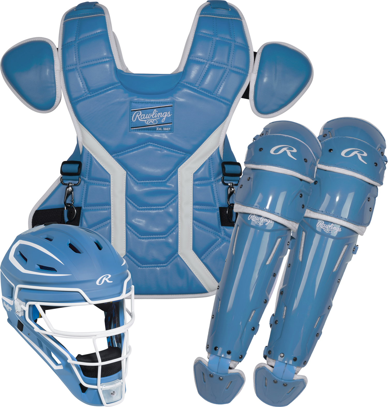Rawlings-Mach-Pro-MCHPROCSM-Medium-Catchers-Set-Helmet-Chest-Protector-Leg-Guards-Columbia-Blue-White-Front-View