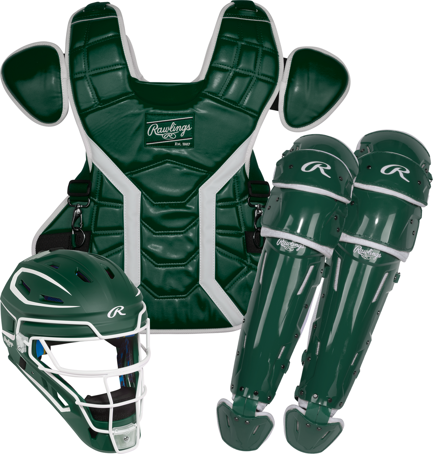 Rawlings-Mach-Pro-MCHPROCSM-Medium-Catchers-Set-Helmet-Chest-Protector-Leg-Guards-Dark-Green-White-Front-View