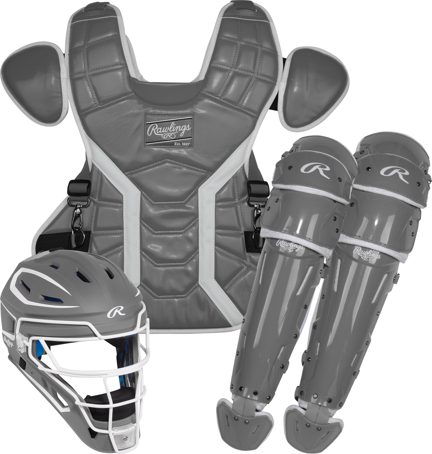 Rawlings-Mach-Pro-MCHPROCSL-Large-Catchers-Set-Helmet-Chest-Protector-Leg-Guards-Graphite-White-Front-View
