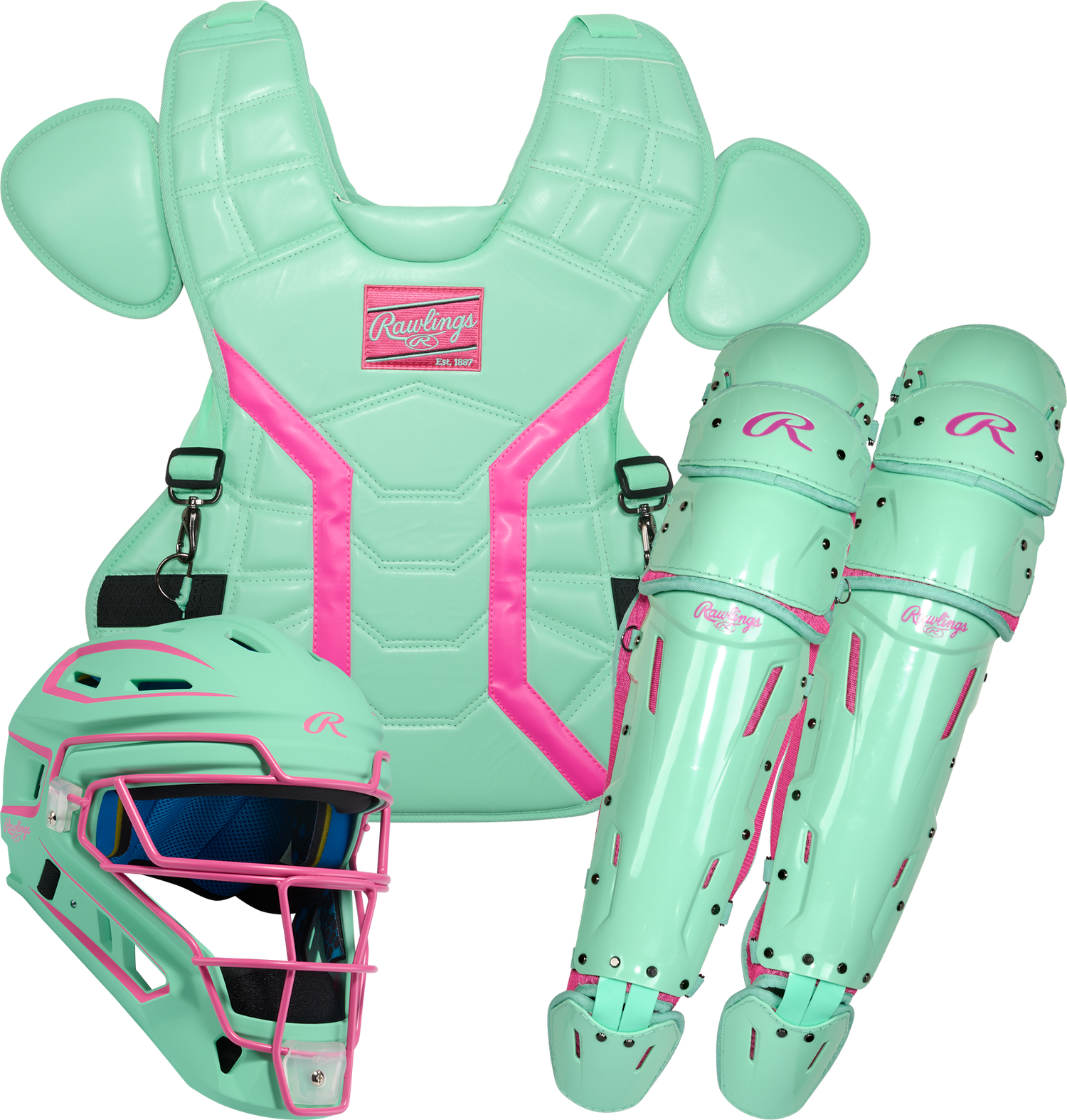 Rawlings-Mach-Pro-MCHPROCSM-Medium-Catchers-Set-Helmet-Chest-Protector-Leg-Guards-Mint-Pink-Front-View
