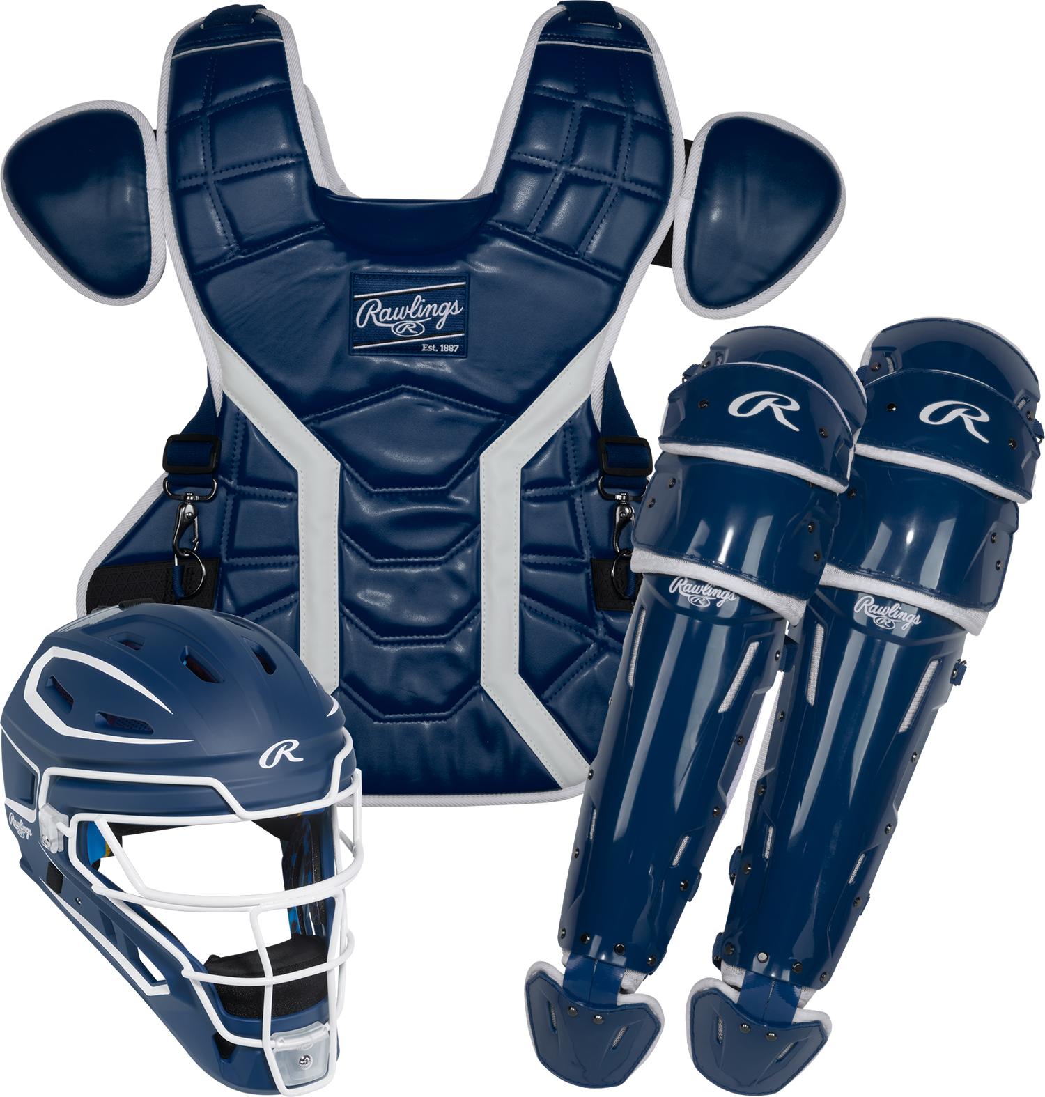 Rawlings-Mach-Pro-MCHPROCSM-Medium-Catchers-Set-Helmet-Chest-Protector-Leg-Guards-Navy-White-Front-View