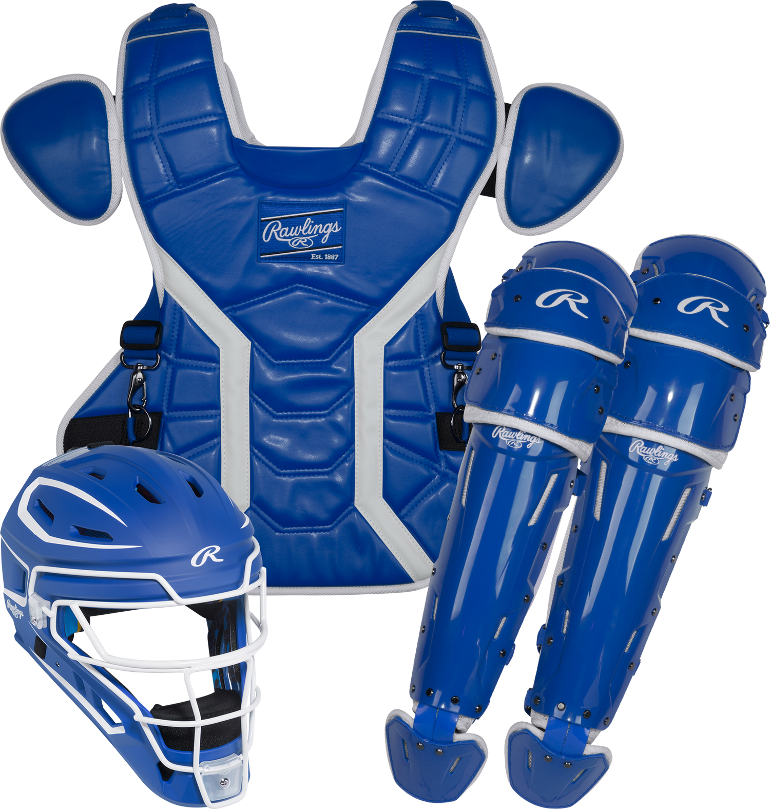Rawlings-Mach-Pro-MCHPROCSL-Large-Catchers-Set-Helmet-Chest-Protector-Leg-Guards-Royal-Blue-White-Front-View