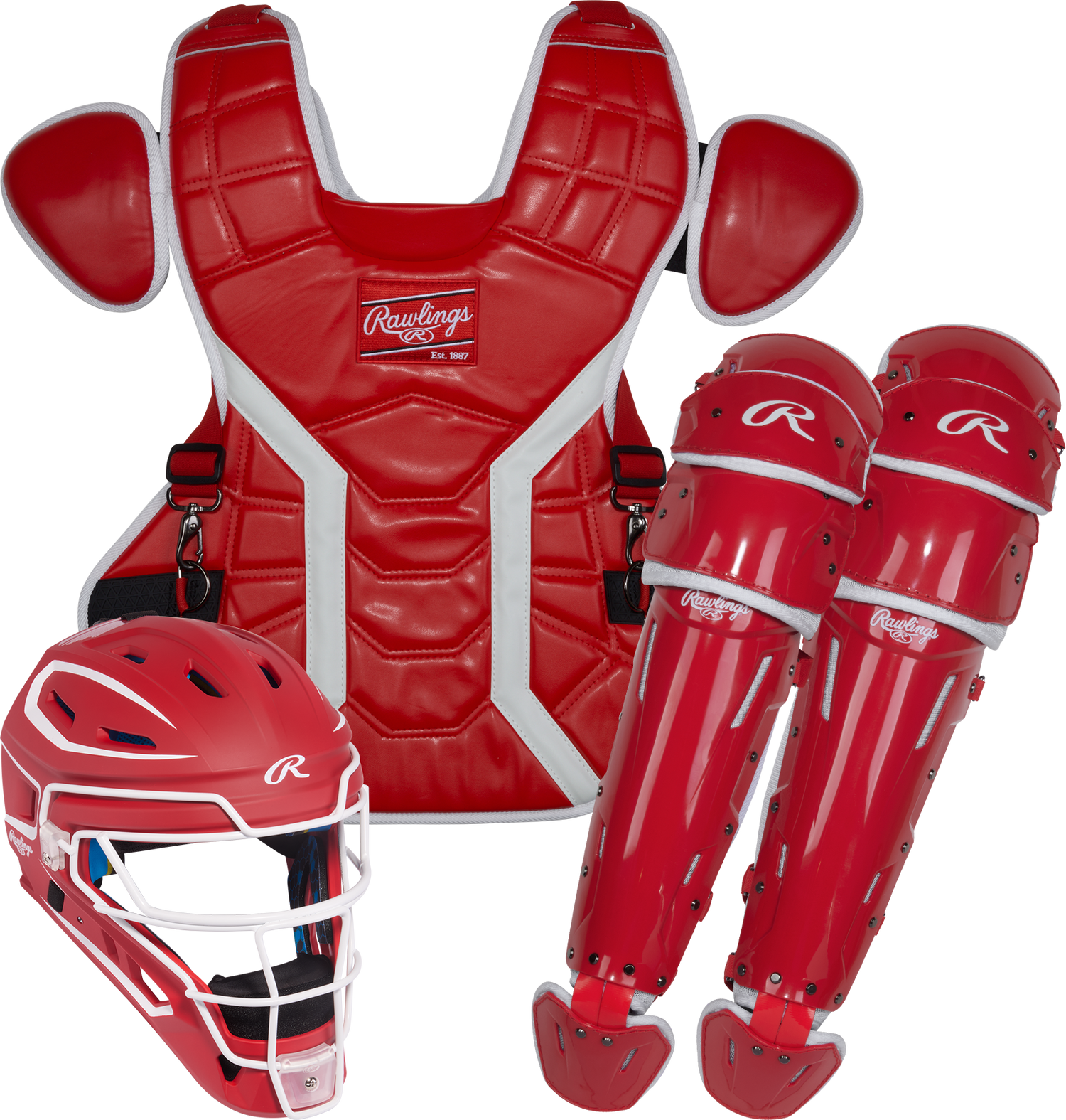 Rawlings-Mach-Pro-MCHPROCSM-Medium-Catchers-Set-Helmet-Chest-Protector-Leg-Guards-Scarlet-White-Front-View