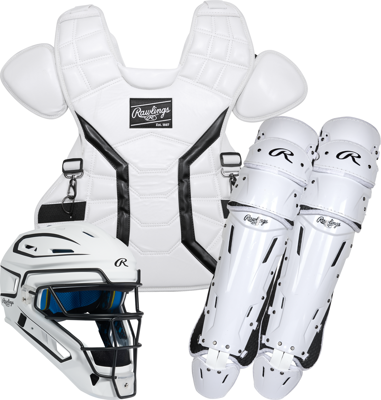 Rawlings-Mach-Pro-MCHPROCSL-Large-Catchers-Set-Helmet-Chest-Protector-Leg-Guards-White-Black-Front-View